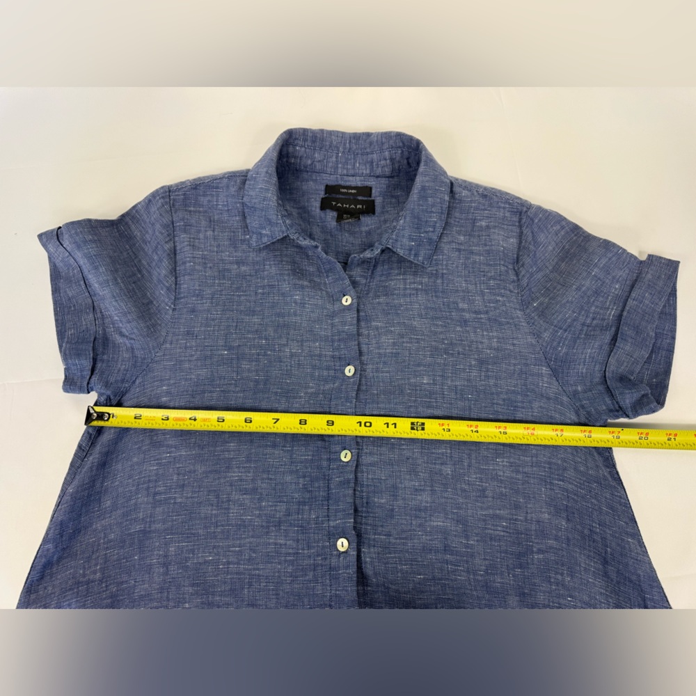 TAHARI Sz M Shirt Dress‎ Blue Linen A Line Collared Short Sleeve Button Down - Picture 4 of 7